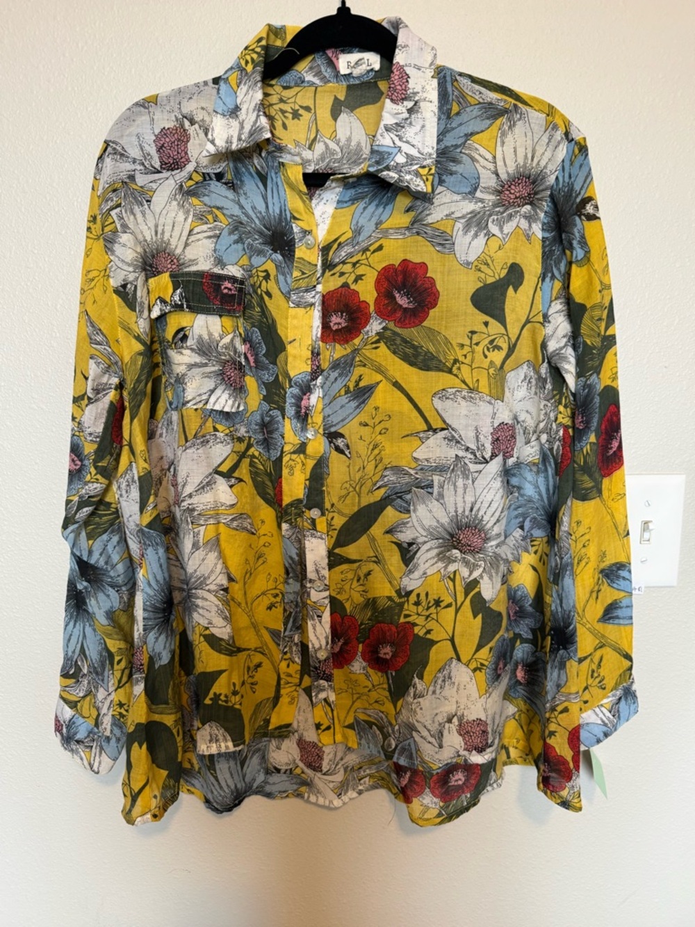 Pol Floral Button-Up Blouse Yellow and Blue Oversized Size Small